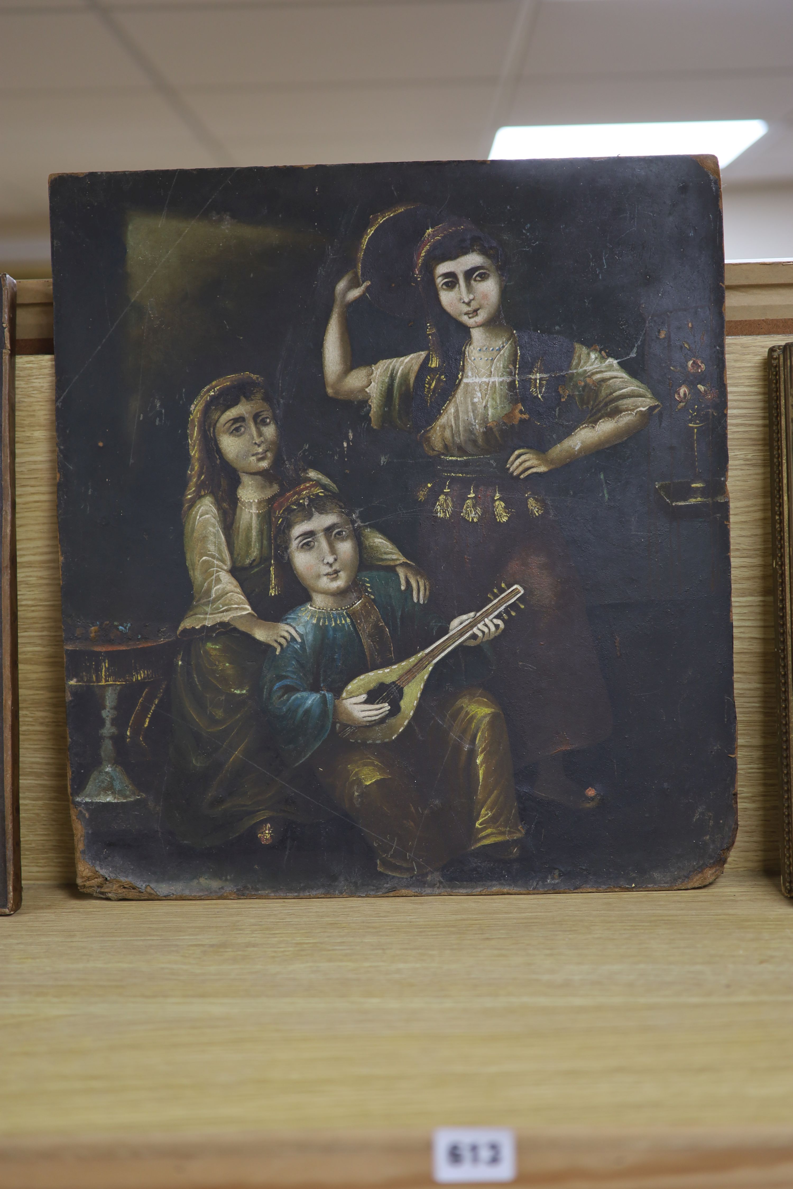 Eastern European School, oil on board, Three musicians, 45 x 41cm, unframed